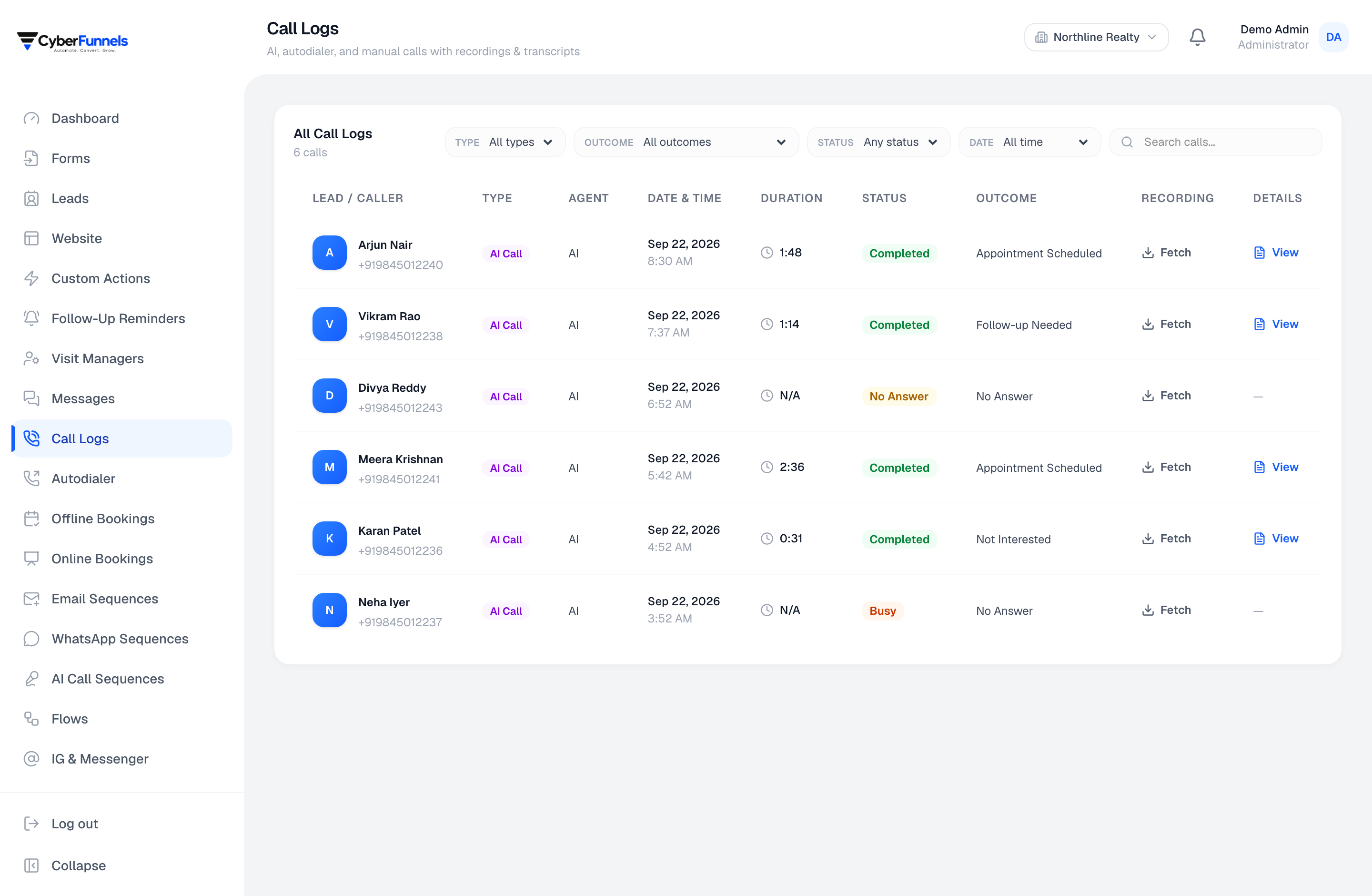 The call log, showing outcome, duration and summary for each AI call