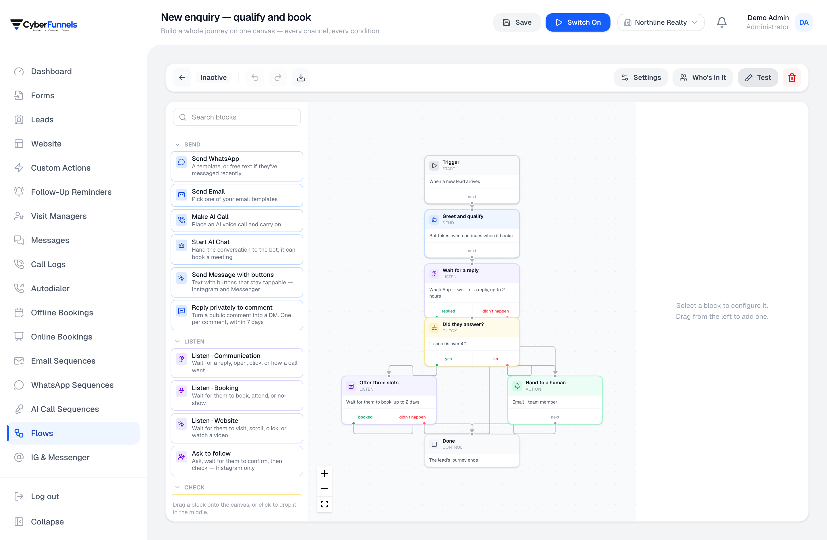 The flow canvas showing a trigger, an AI chat step, a wait, a condition and two branches