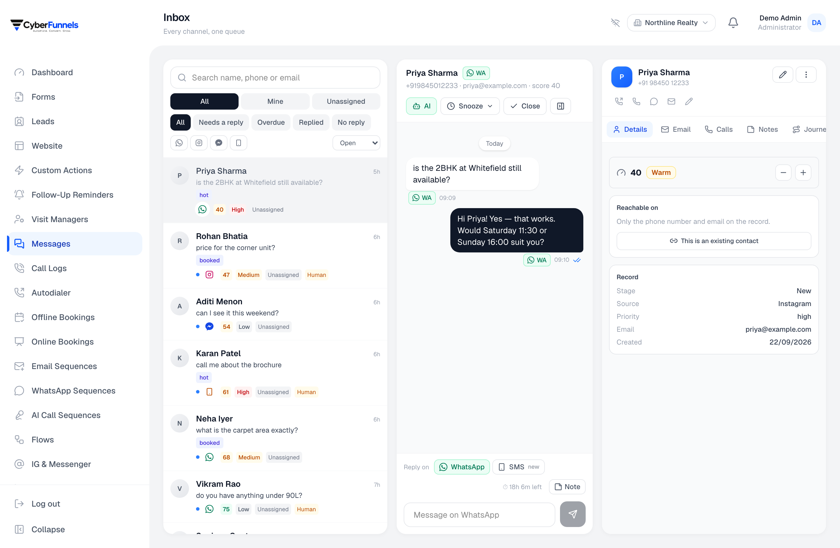 The shared inbox, showing conversations arriving from WhatsApp, Instagram, Messenger and SMS in one list
