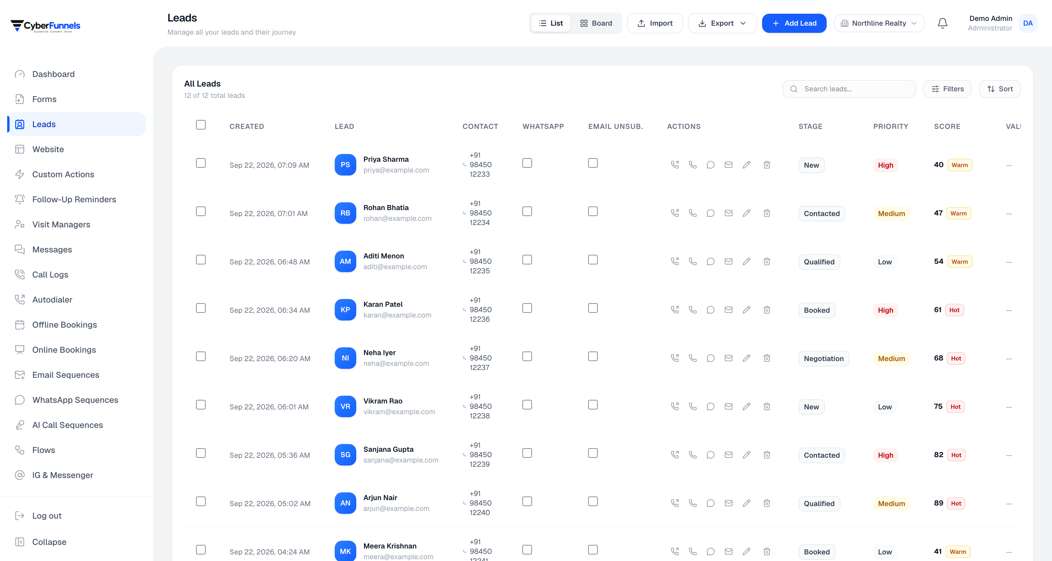 The leads list with stages, sources, scores and tags