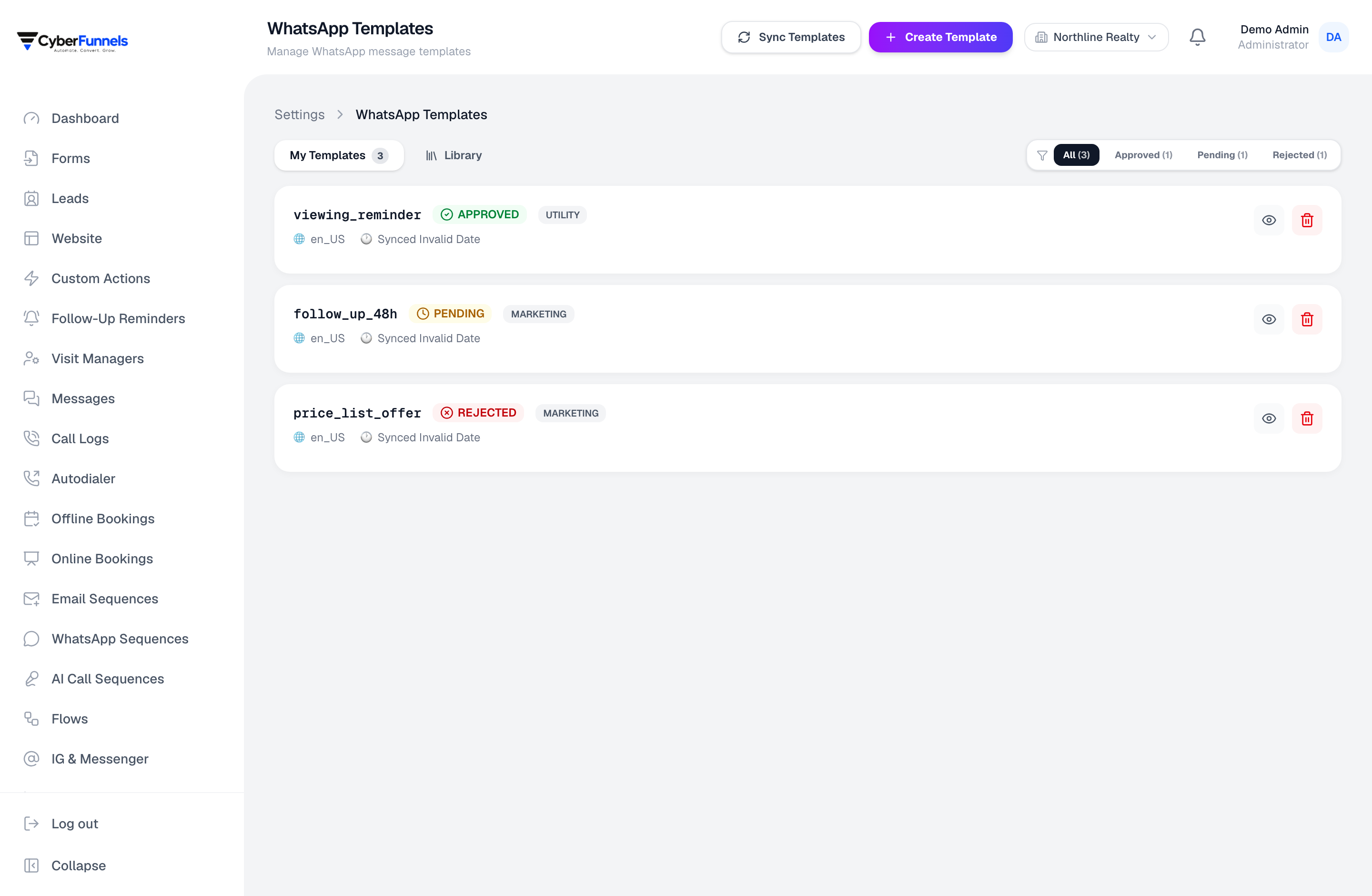 The WhatsApp template list, showing approved, pending and rejected templates with Meta's reason for the rejection
